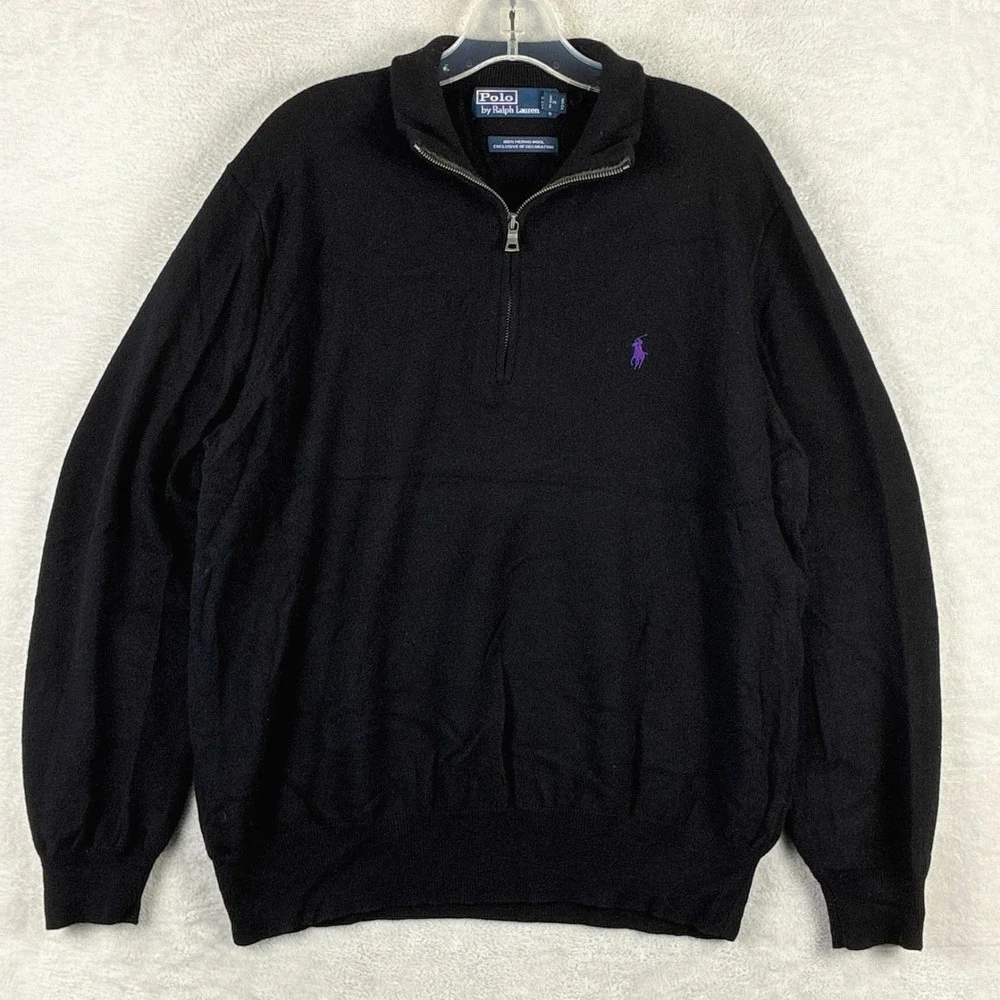 VTG Polo Ralph Lauren Sweater Men XL Black Purple Pony 1/4 Zip Pullover Wool